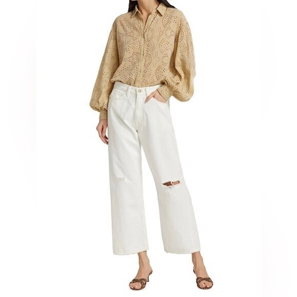 Nili Lotan Violette High-Rise Distressed Wide-Leg Jeans - Cream Wash Size 30 NWT - Picture 1 of 5